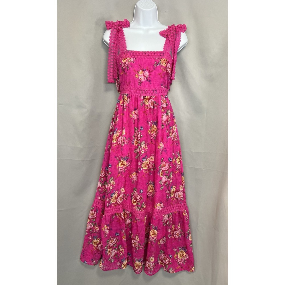 Cottagecore Ditsy Floral Lace Trim By the River Pink Small Maxi Dress Bow Sleeve